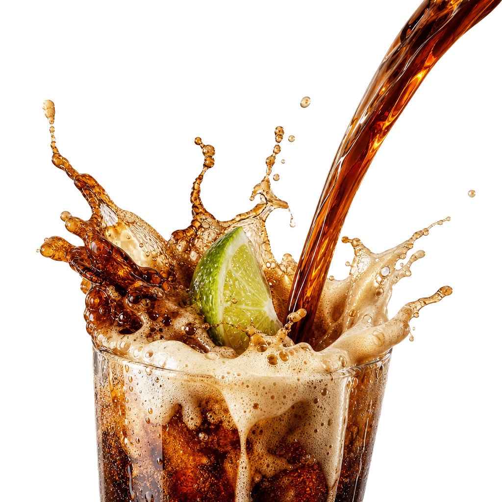 Dark cola pouring into a glass with cream, cherry, and lime splash